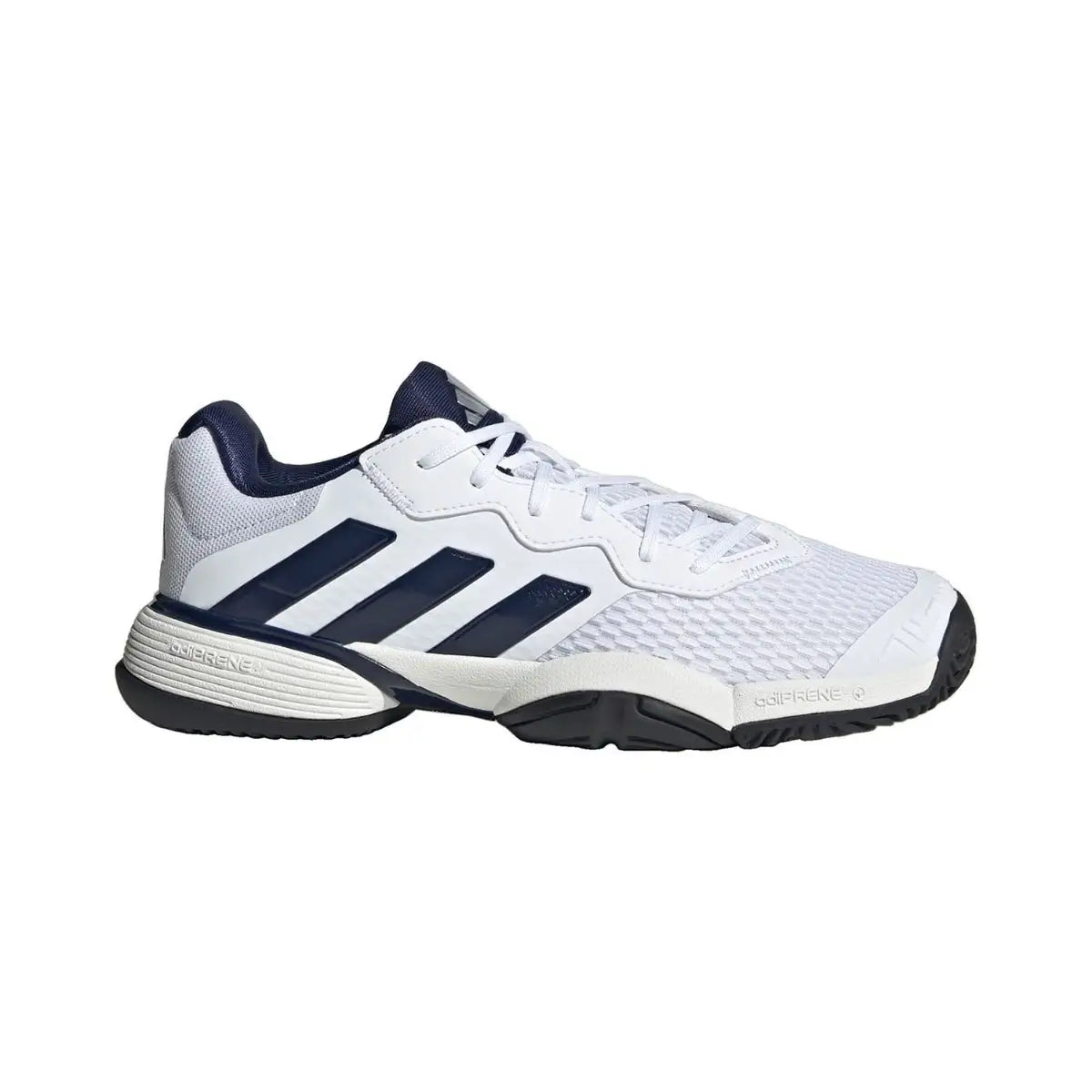 Junior white Adidas Barricade K tennis court shoes with supportive design and durable sole, ideal for young players on the court.