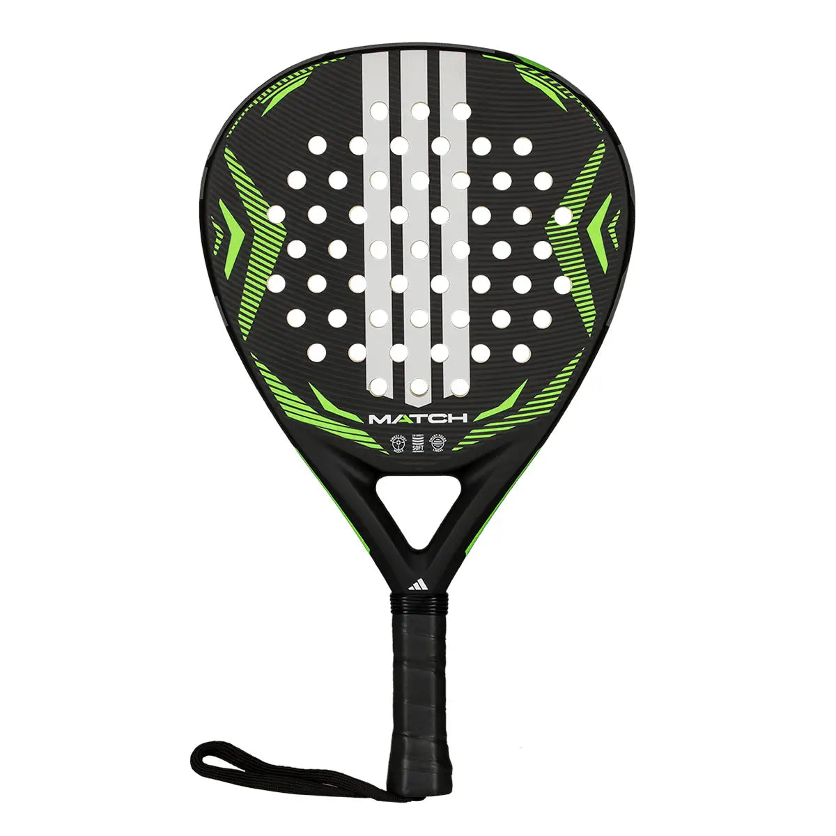 Adidas Match Black Lime 2026 padel racket with black and lime green design, showing the racket's face and grip.