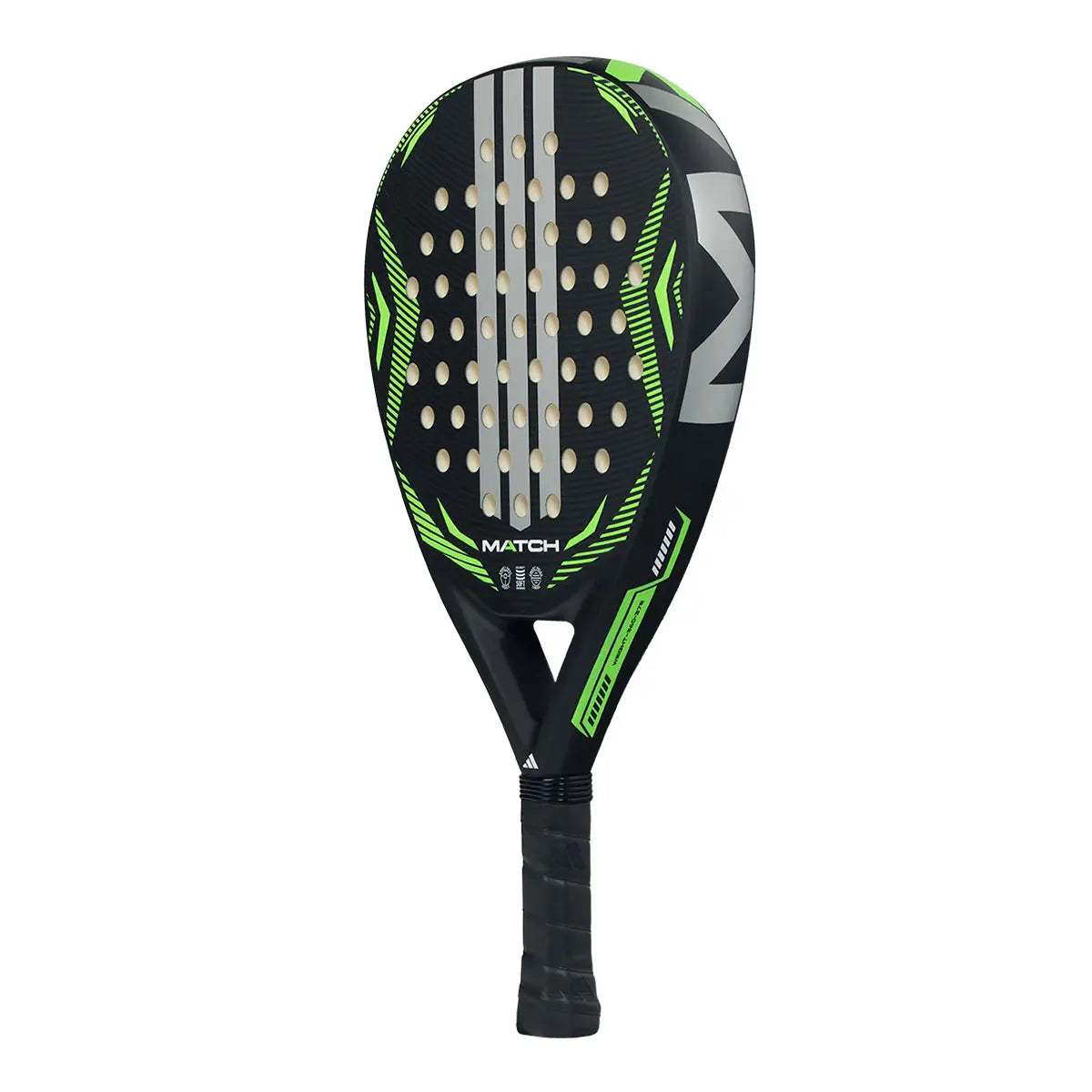 Adidas Match Black Lime 2026 Padel Racket with black frame and lime green accents, designed for optimal control and power.