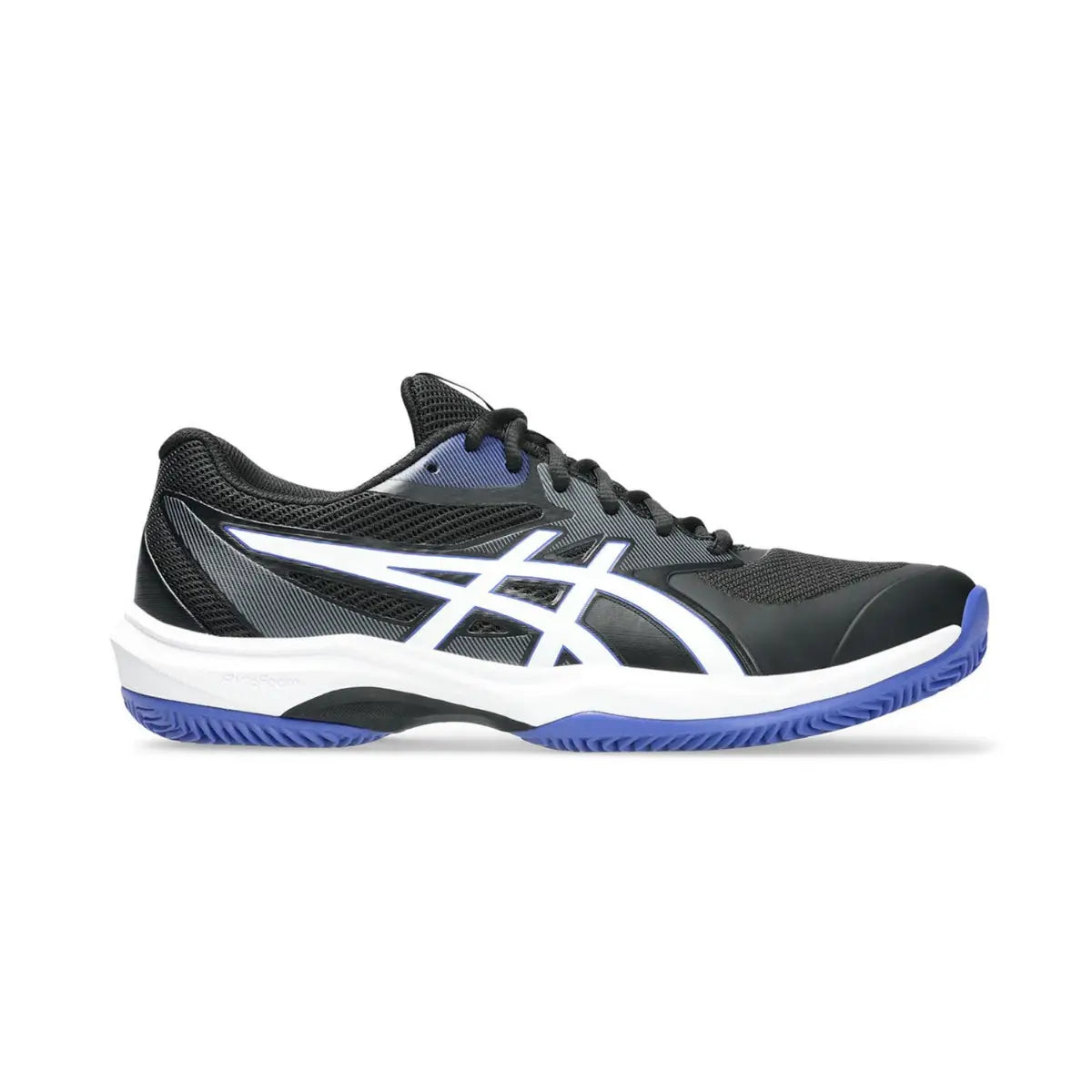 ASICS Game FF Clay and OC Black Blue padel tennis shoes in UK 8.5, featuring a sleek black and blue design with supportive sole.