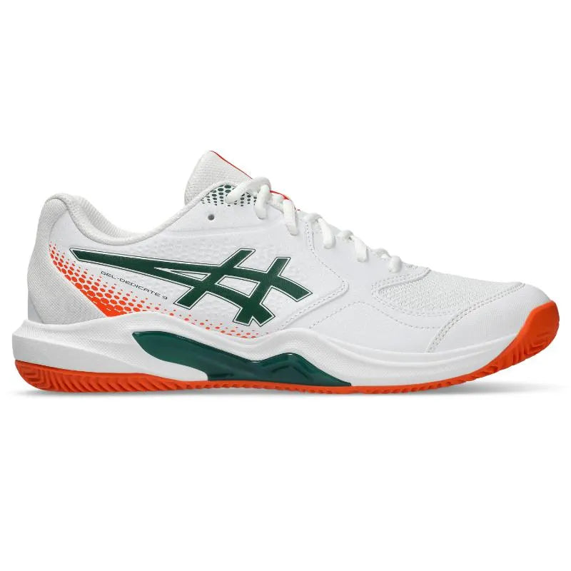 ASICS Gel Dedicate 9 court shoes in white with jewel green accents, featuring a supportive athletic design for tennis or court sports.