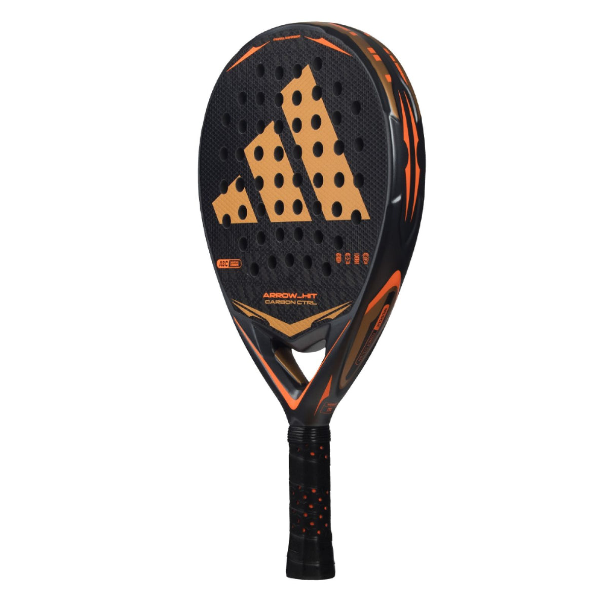 Adidas Arrow Hit Carbon CTRL 2026 padel racket with black and white design, lightweight frame, and grip handle for powerful shots