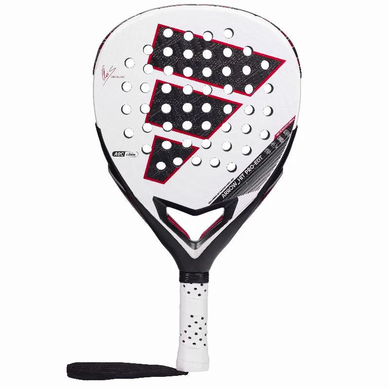 Adidas Arrow Hit Pro EDT padel racket in special edition with black and red design, featuring grip and string details.
