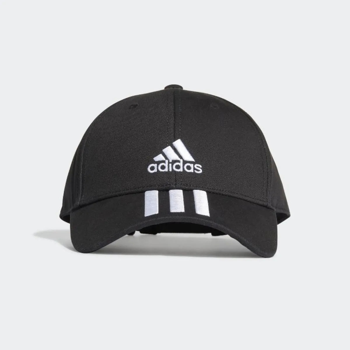 Black Adidas baseball cap with three white stripes, featuring a curved brim and adjustable strap for a classic sporty look.
