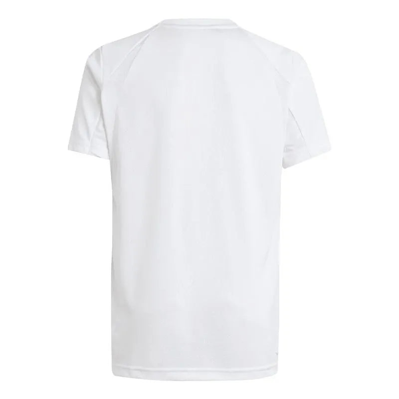 White Adidas junior club T-shirt for 9-10 year-olds, lightweight tennis top designed for padel and casual sports.
