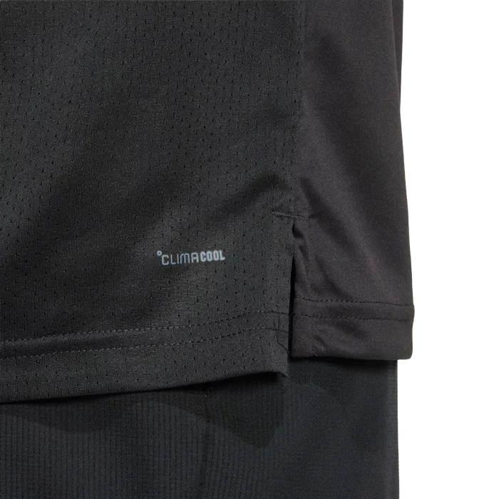 Black Adidas Club Climacool T-Shirt in XL displayed flat, showcasing its breathable fabric and sporty design for active wear.