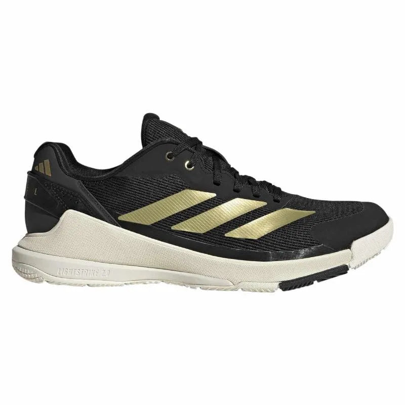 Adidas Crazyquick LS padel trainers in black with gold accents, UK size 9.5, featuring sporty design and athletic outsole.