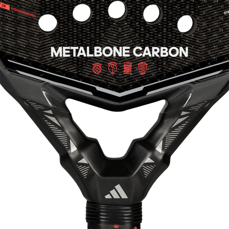 Adidas Metalbone Carbon 2026 padel racket with a sleek black and silver design, featuring a lightweight carbon frame for powerful hits.