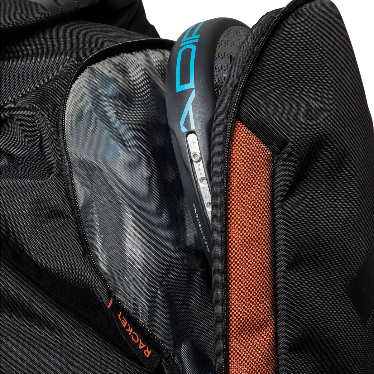 Adidas Multigame 3.4 Padel Backpack in black and orange with multiple compartments and padded straps for sports gear storage.