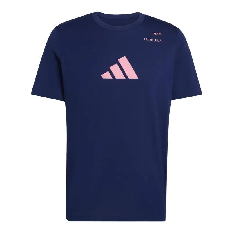 Blue Adidas Padel graphic T-shirt for men, featuring a stylish design and comfortable fit, shown on a small size model.