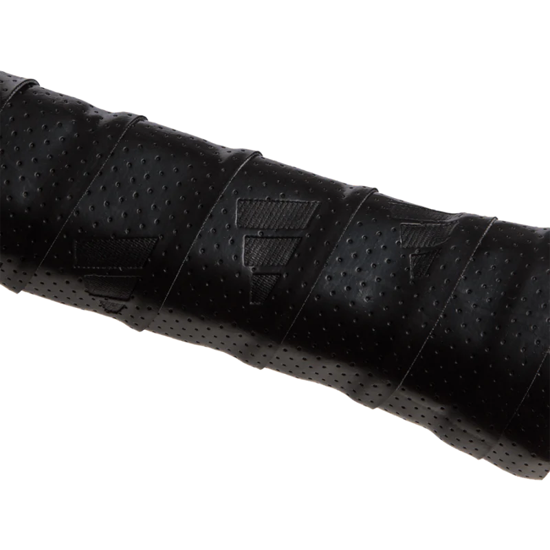 Black Adidas Padel overgrips in a 3-pack, shown in a close-up image highlighting the textured surface and packaging.