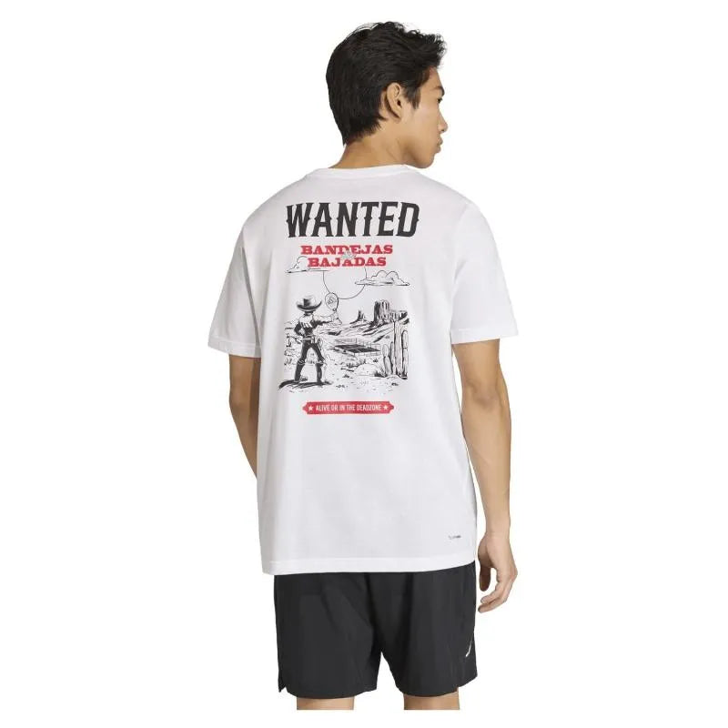 White Adidas Wanted Graphic T-Shirt for small-sized padel, featuring bold black graphic design and comfortable fit.