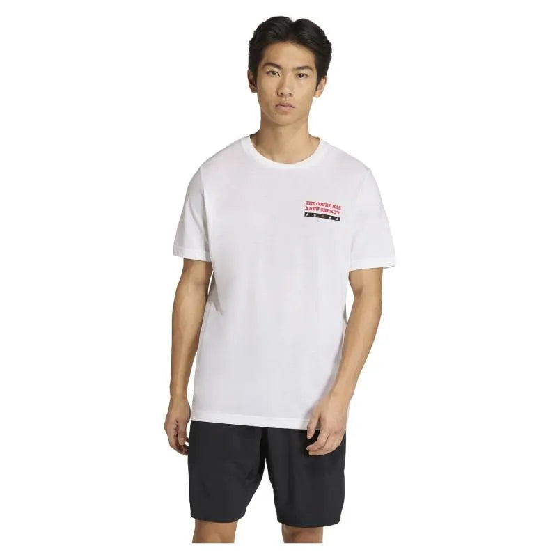 White Adidas Wanted graphic T-shirt for padel, small size, featuring bold graphic design on the front.