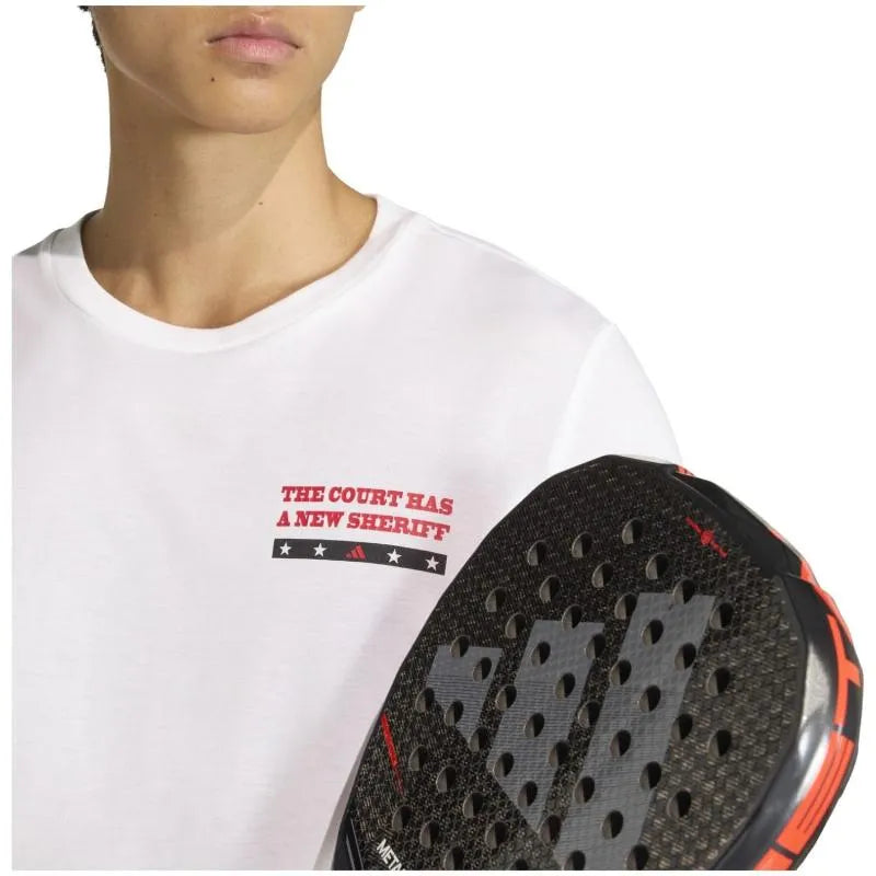 White Adidas Wanted graphic T-shirt for large padel games, featuring bold logo and stylish design.