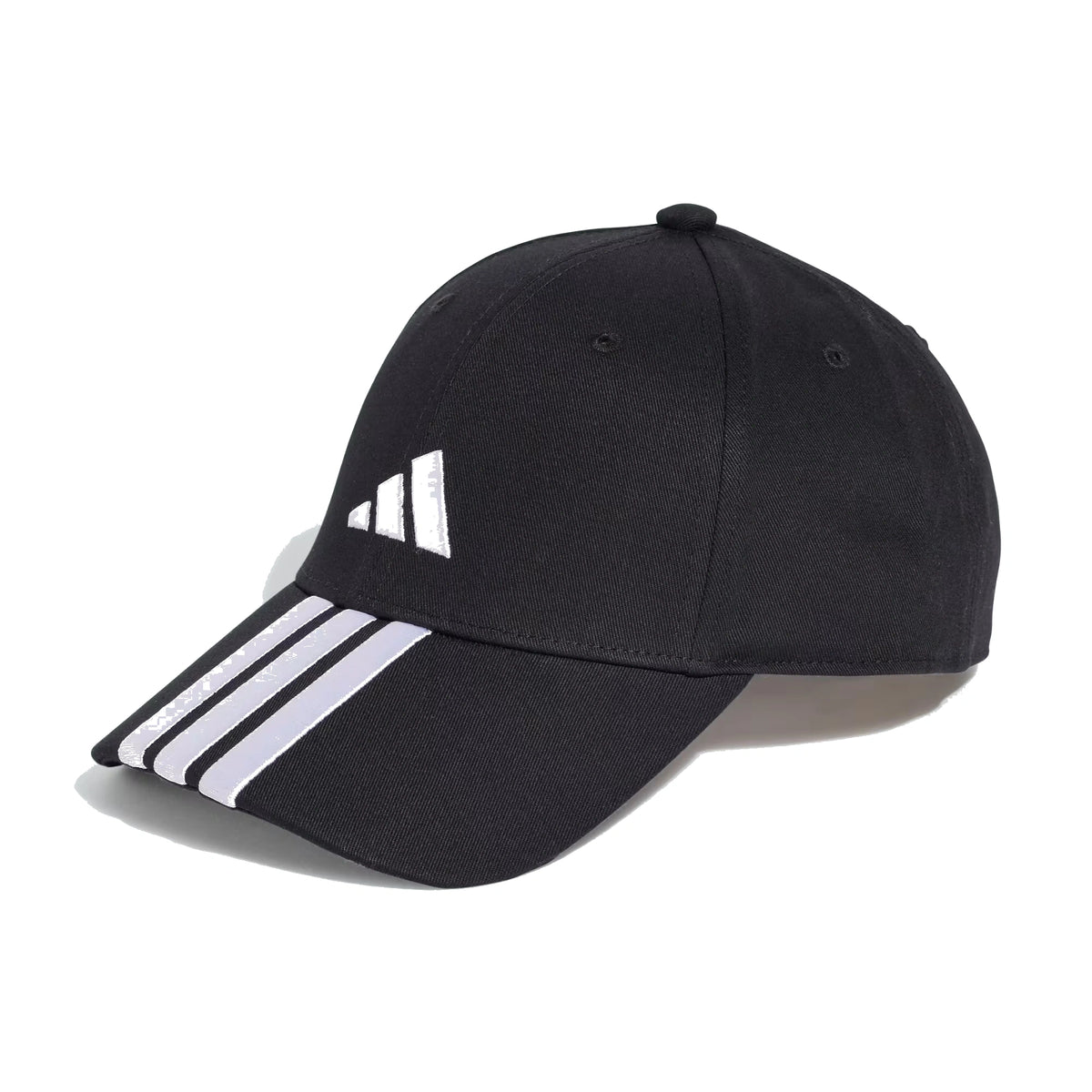 Black Adidas baseball cap with three white stripes, adjustable fit, and curved brim on a white background.