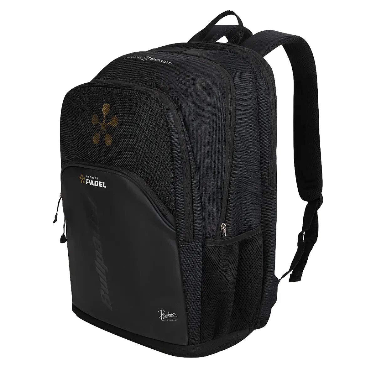 Black Bullpadel Vertex Geo Premier Pádel backpack with multiple compartments and padded straps for comfortable carrying.