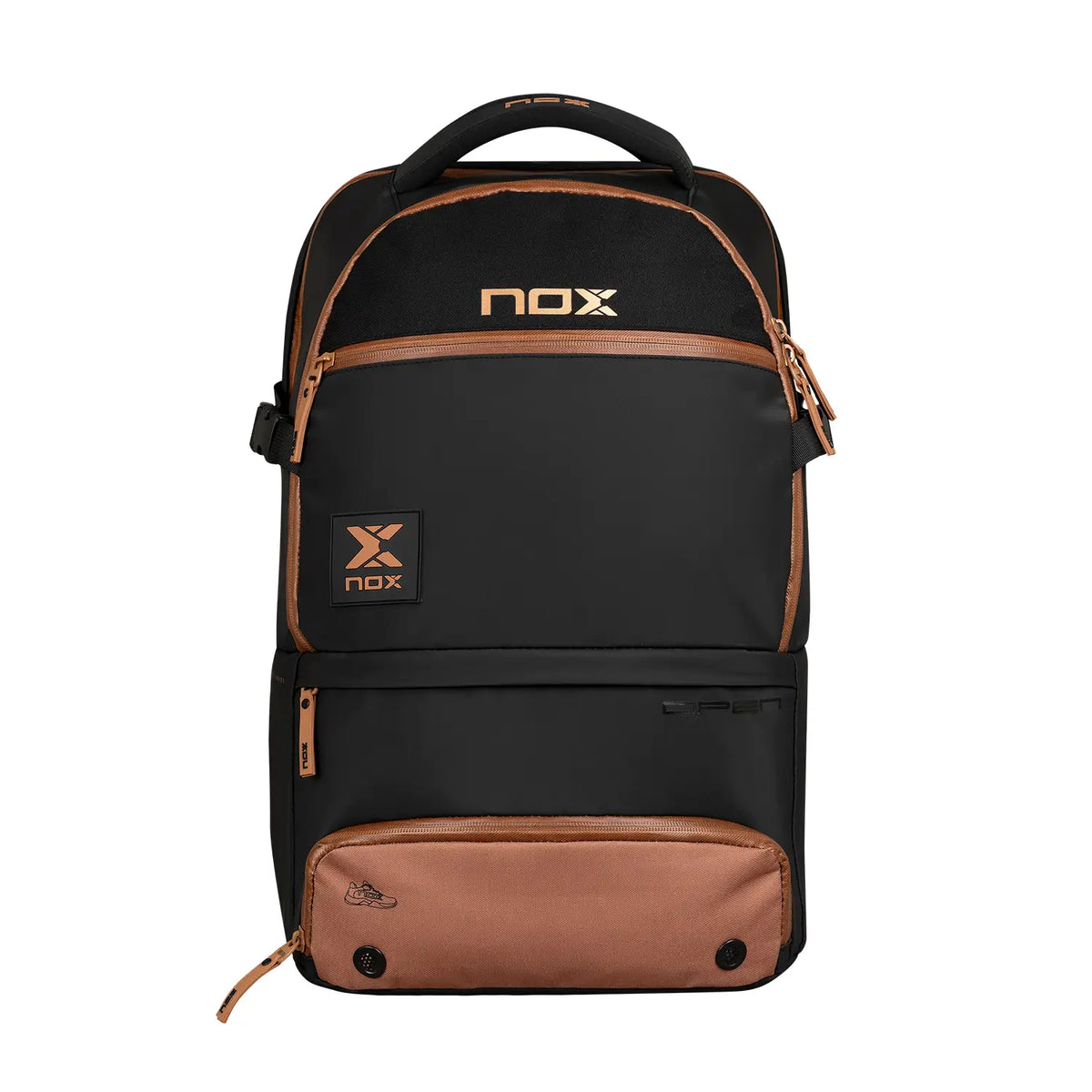 NOX Nox Luxury Open Series black-brown padel backpack with multiple compartments and padded shoulder straps for sports and travel.