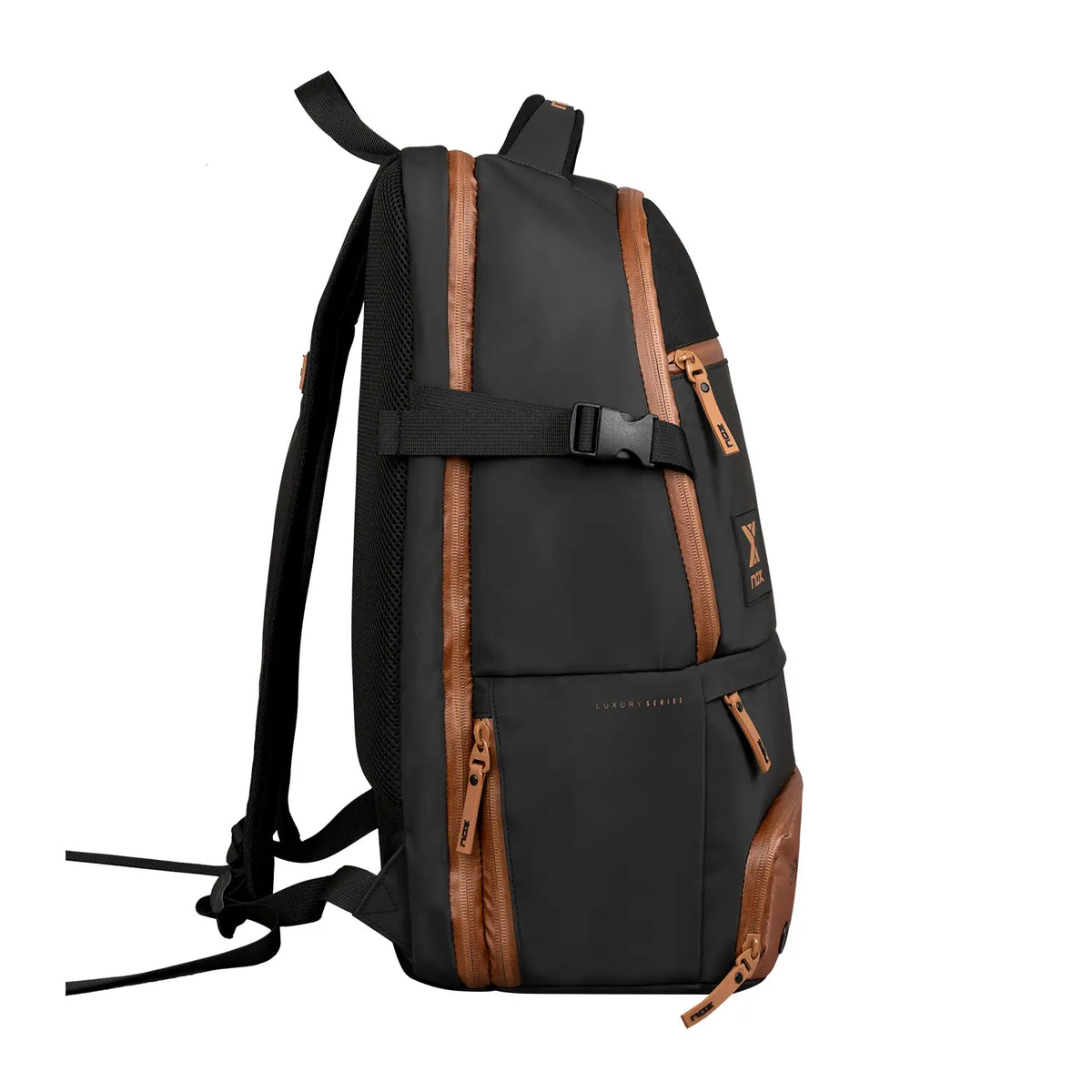 NOX Nox Luxury Open Series Black-Brown padel backpack with multiple compartments and padded straps, designed for sports and travel.