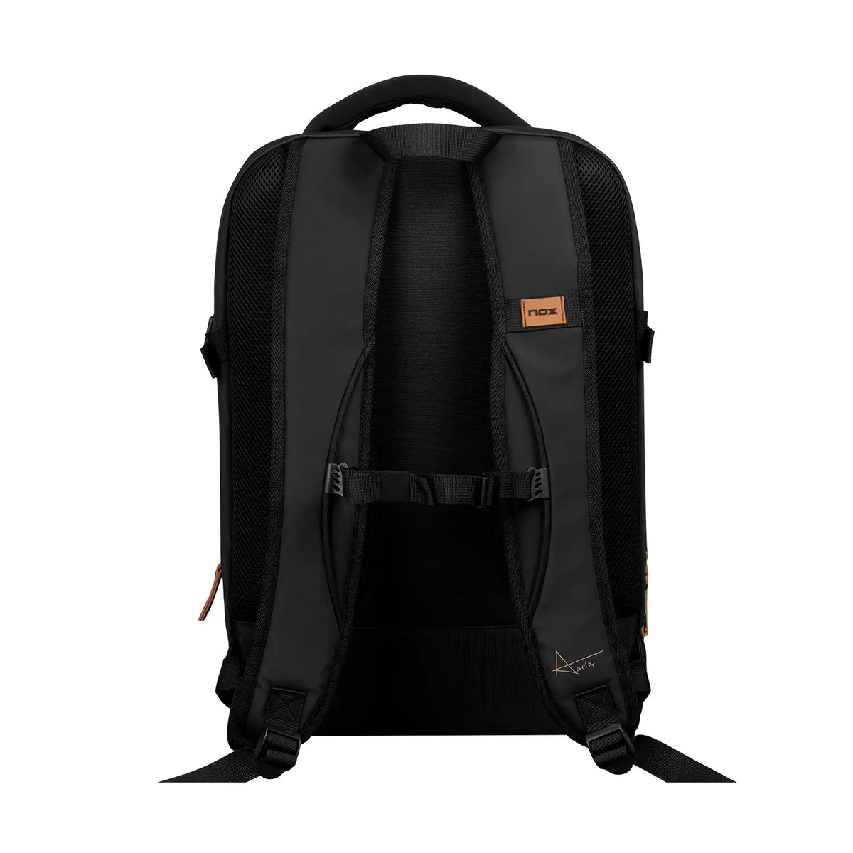 Nox Luxury Open Series black-brown padel backpack with padded shoulder straps and multiple compartments for gear storage.