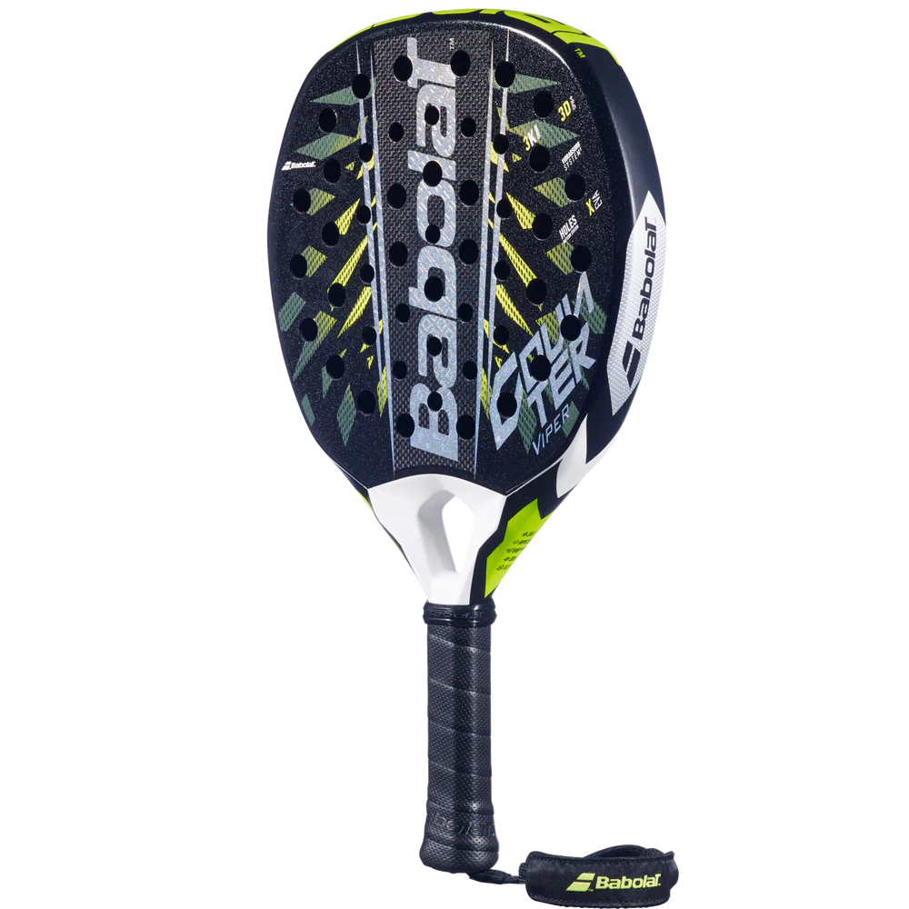 Babolat Counter Viper 2.6 padel racket with black and yellow design, lightweight frame, and textured hitting surface.