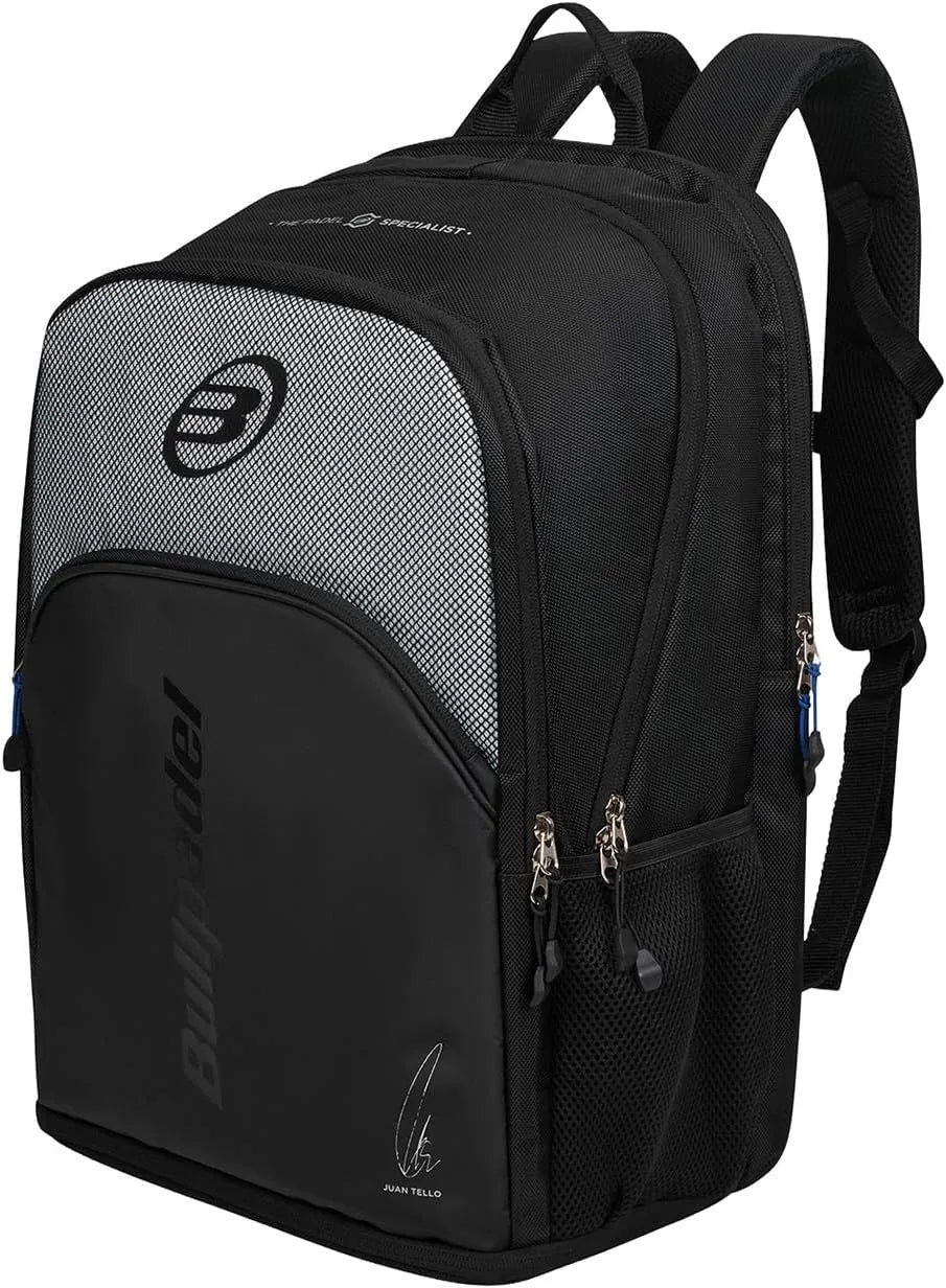 Black Bullpadel BPM26007 Vertex backpack with multiple compartments and padded straps for tennis gear storage.