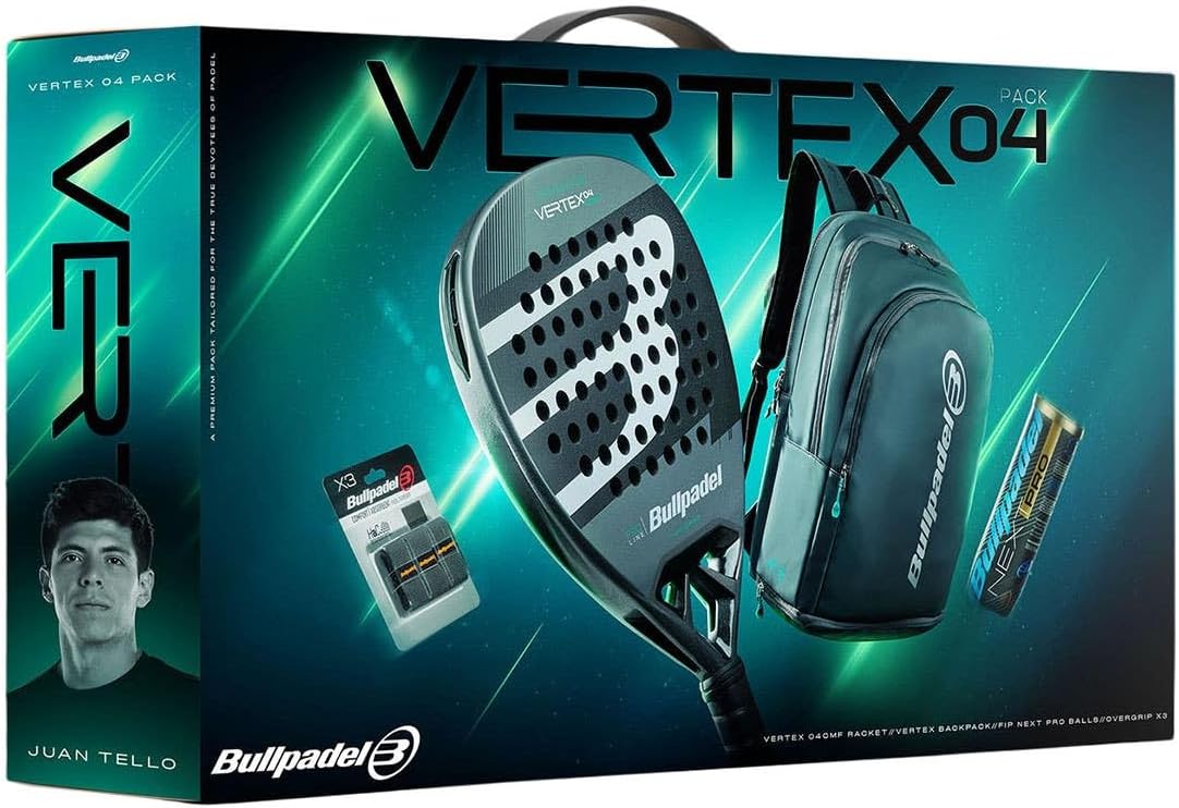 Bullpadel Vertex 04 Comfort Pack set with padel racket and accessories, designed for optimal performance and comfort.