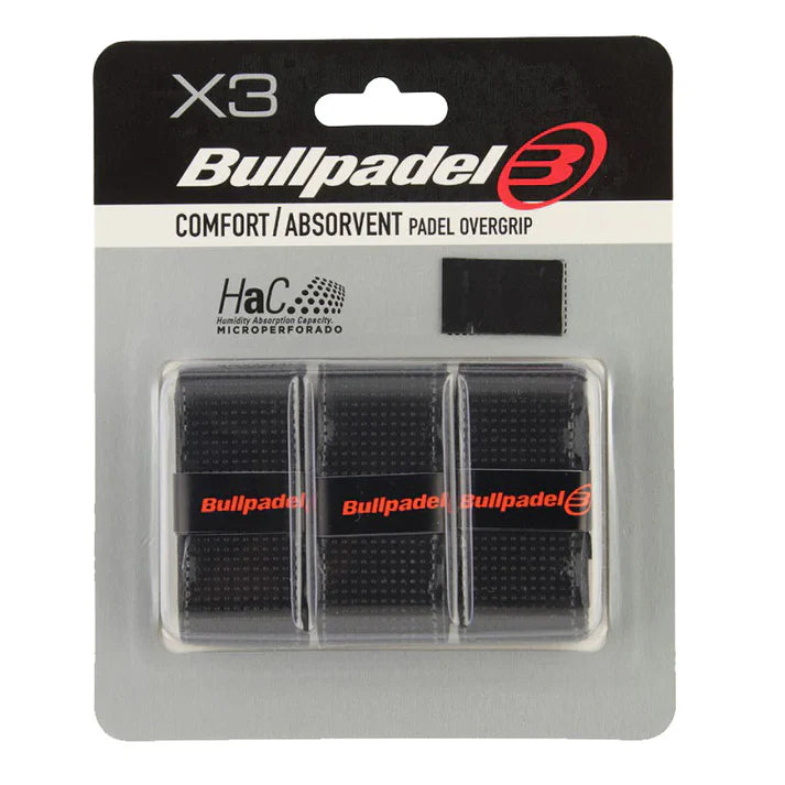 Black Bullpadel Comfort Overgrips for padel tennis, 3-pack, shown wrapped around a racket handle.