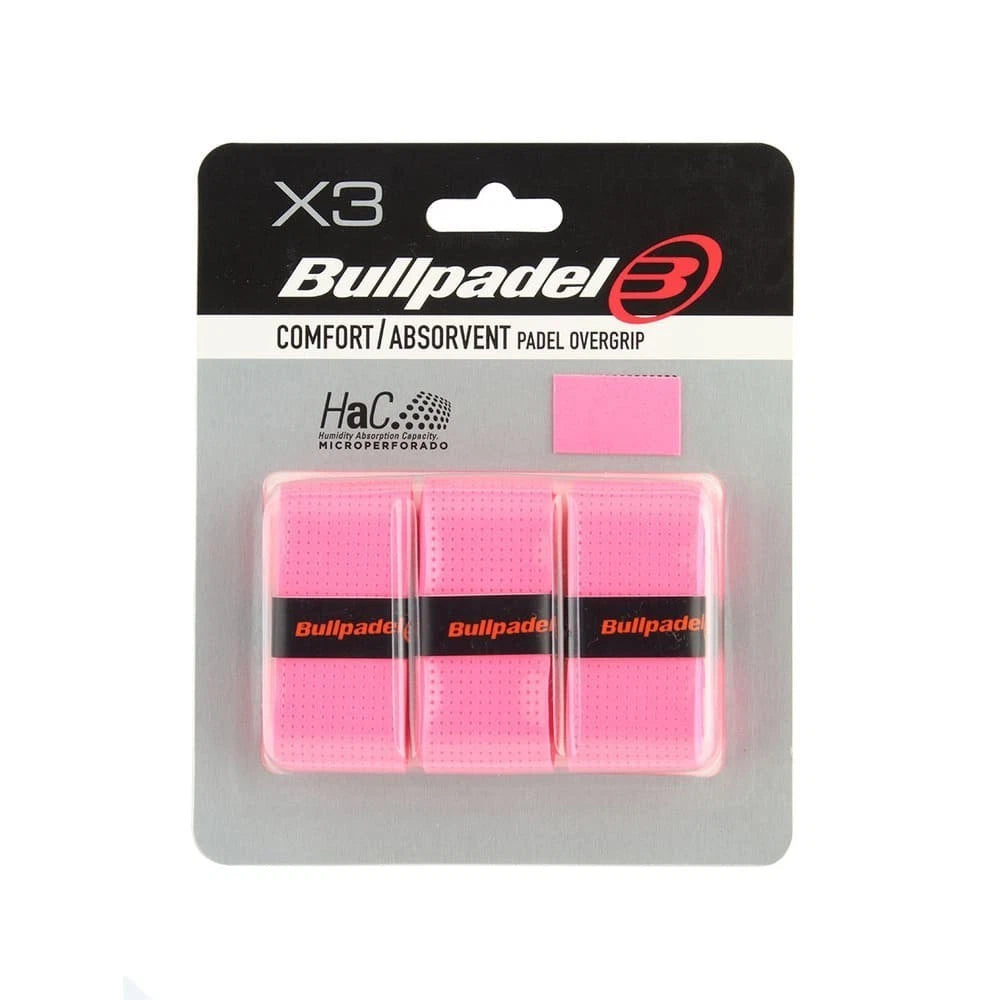 Pink Bullpadel Comfort Overgrips for padel tennis, PDLSport 3-pack, showing soft, textured grips for improved racket handling.