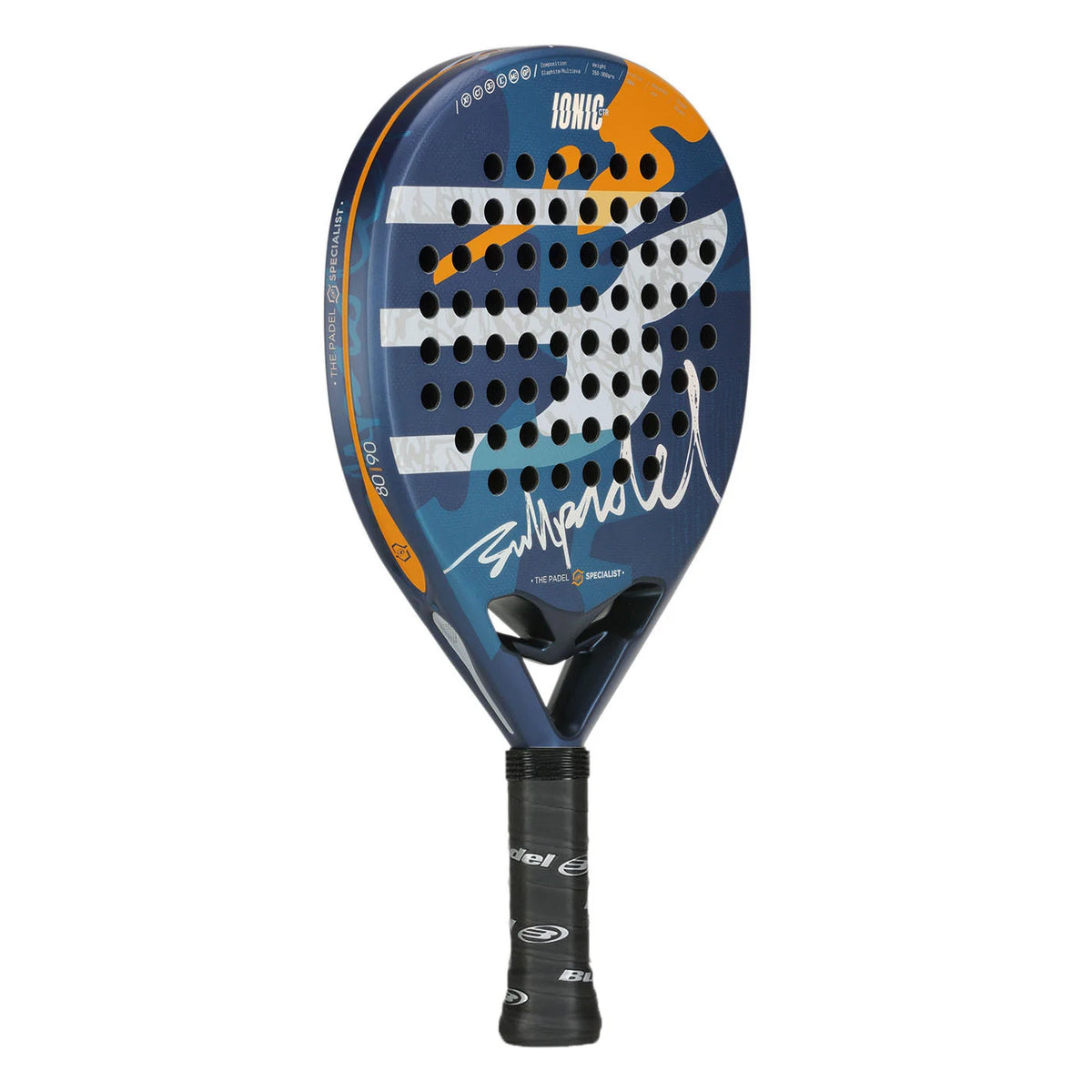 Bullpadel Ionic Control 25 padel racket with black and white design, featuring ergonomic grip and control-focused shape.
