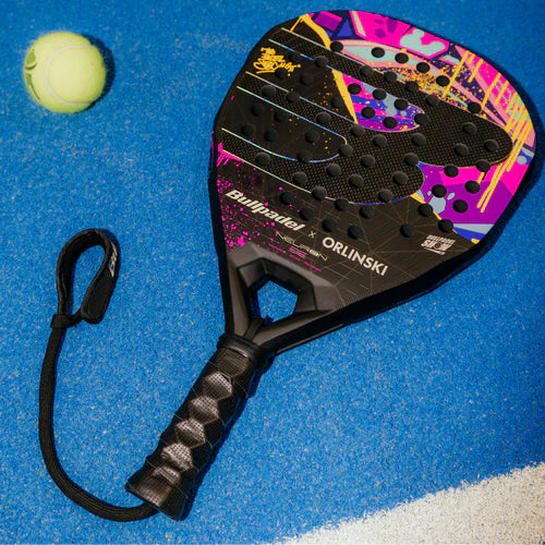 Bullpadel Neuron 02 Edge ORLINSK Special Edition padel racket with black and blue design, lightweight frame, and textured surface.