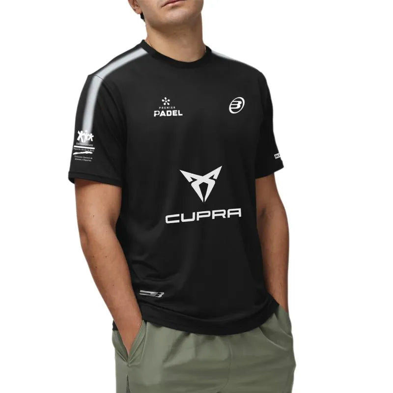 Black Bullpadel Pablo Cardona Montse T-shirt in XL size, featuring casual fit and logo details, displayed on a plain background.