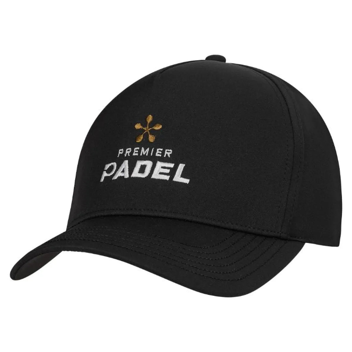 Black Bullpadel Premier Padel baseball cap with curved brim and adjustable strap, featuring the Bullpadel logo on the front.