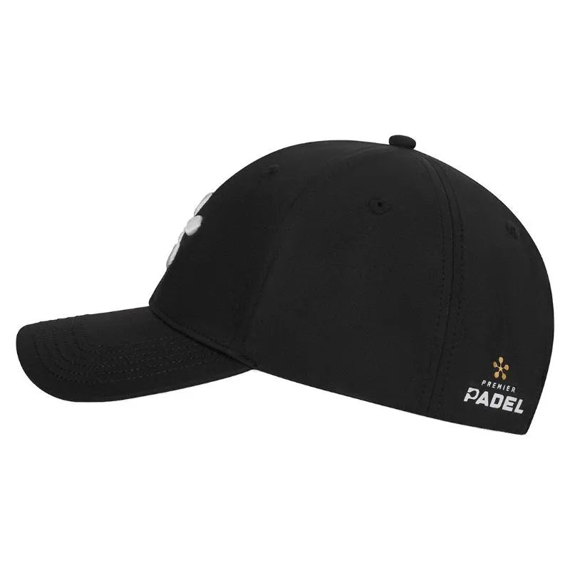 Bullpadel Premier Padel black baseball cap with curved brim and adjustable strap, casual sports style.