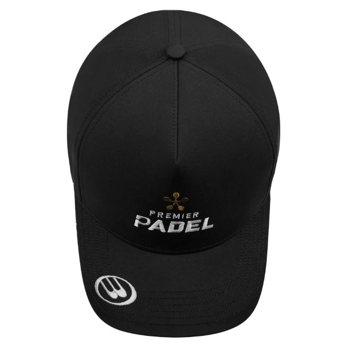 Black Bullpadel Premier Padel baseball cap with curved brim and adjustable strap, featuring the Bullpadel logo on the front.