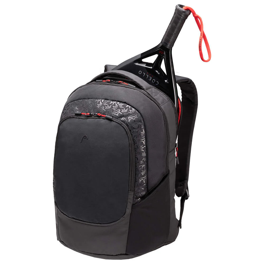 Black Head Coello Pro X Padel Backpack with 30L capacity, featuring multiple compartments and padded straps for comfortable carrying.