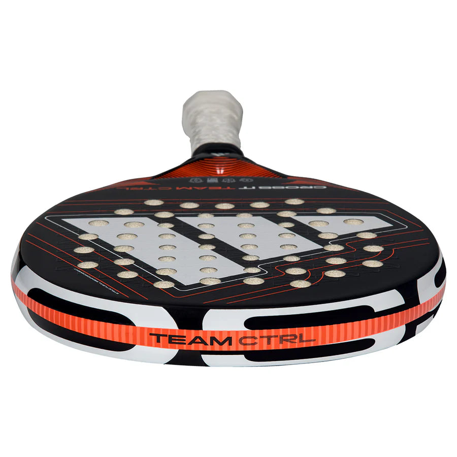 Close-up view of the Adidas Cross It Team Ctrl 2026 padel racket head showing grip and string pattern.