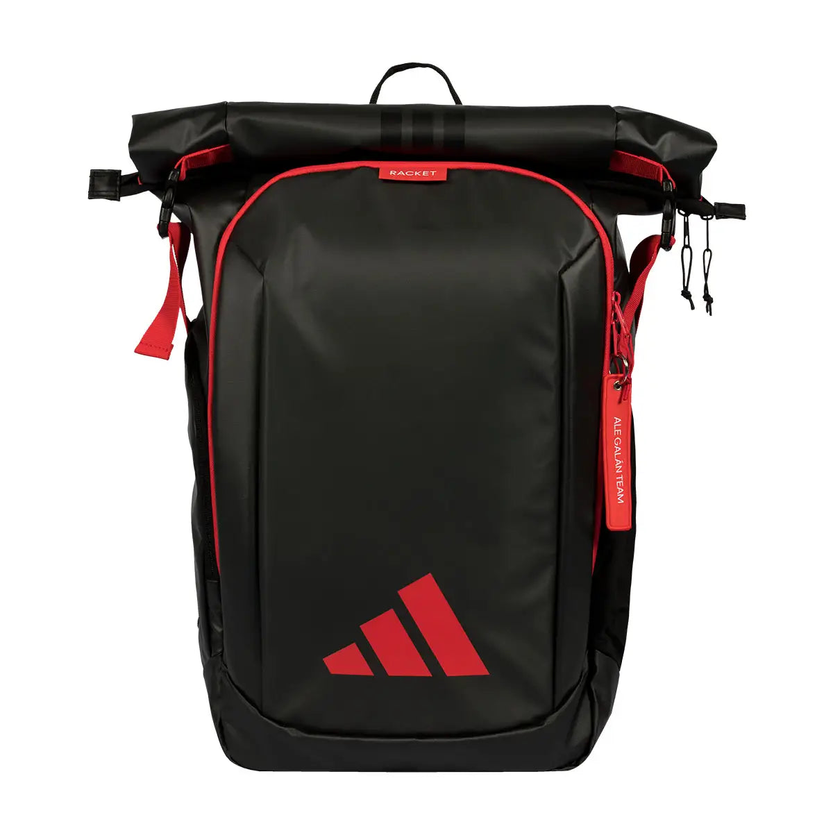 Adidas Multigame black and red backpack featuring multiple compartments and adjustable straps, designed for sports and travel.