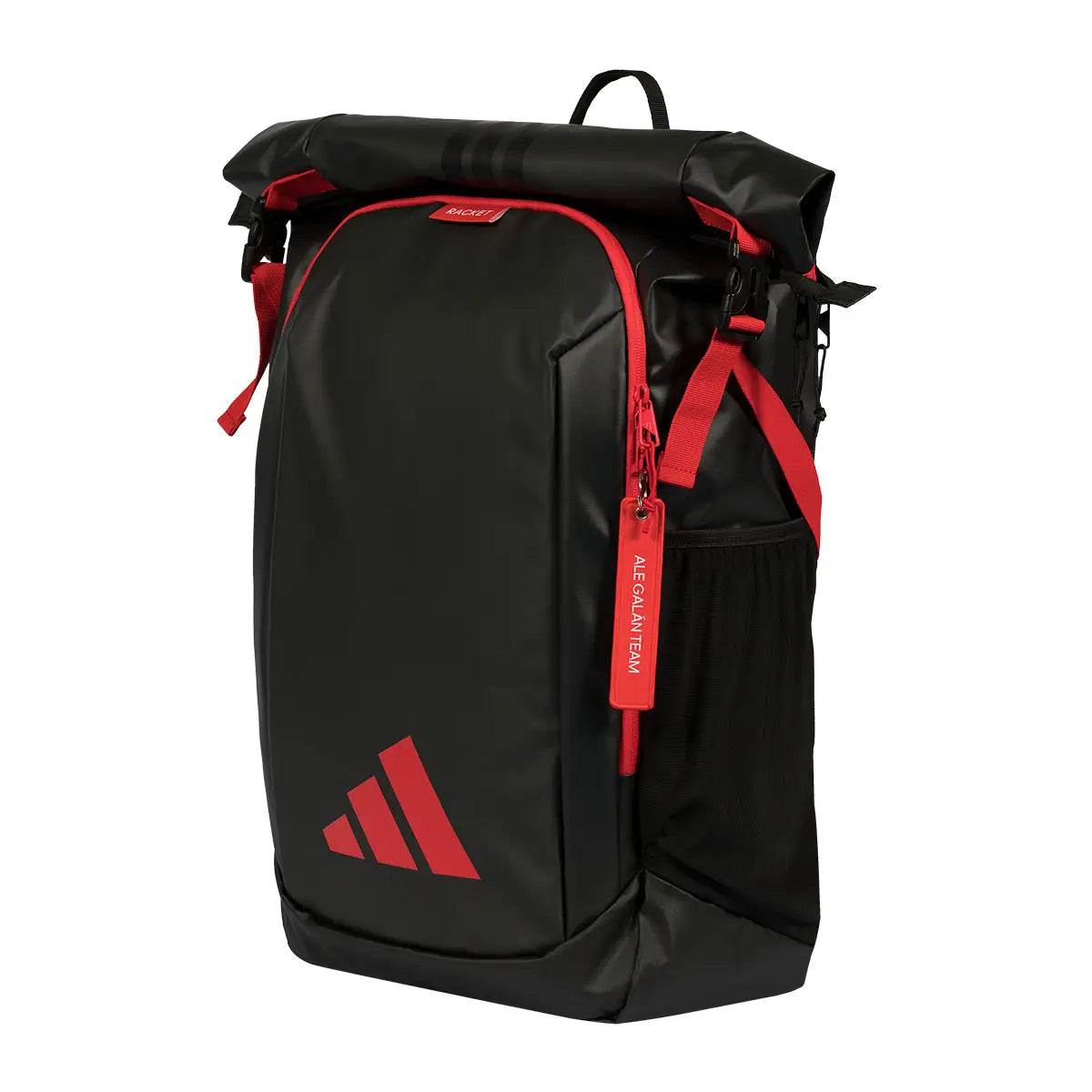 Adidas Multigame black and red sports backpack with multiple compartments, featuring the Ale Galán branding and adjustable straps.