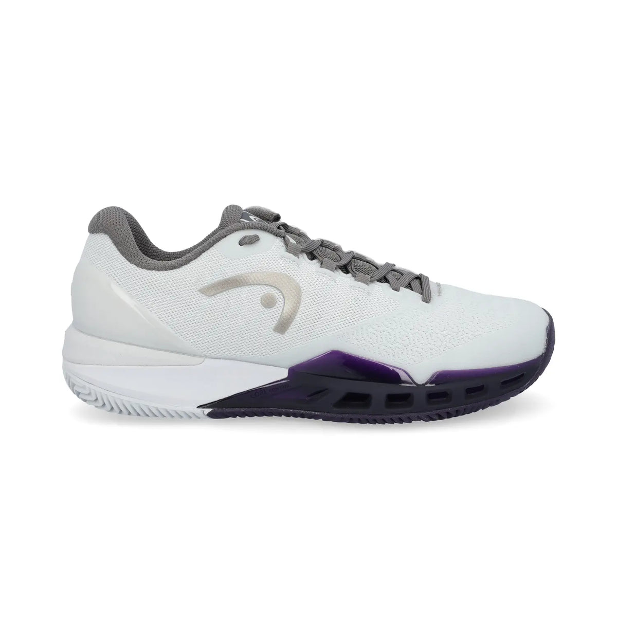 HEAD Revolt Pro 5.0 clay grey and purple night court shoes for men, size UK 8.5, with sleek athletic design.