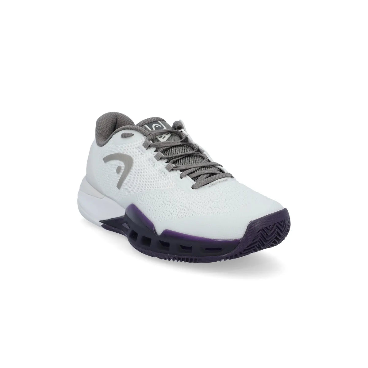 HEAD Revolt Pro 5.0 clay grey and purple night court shoes for men, featuring a sleek athletic design and supportive court shoe construction.