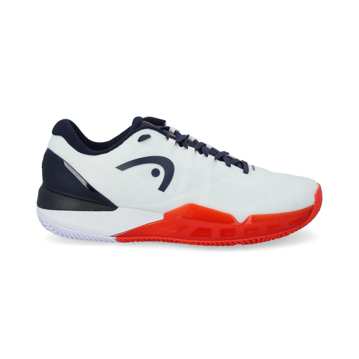 HEAD Revolt Pro 5.0 Clay white and red court shoes, UK size 9, featuring a sleek design for tennis performance.
