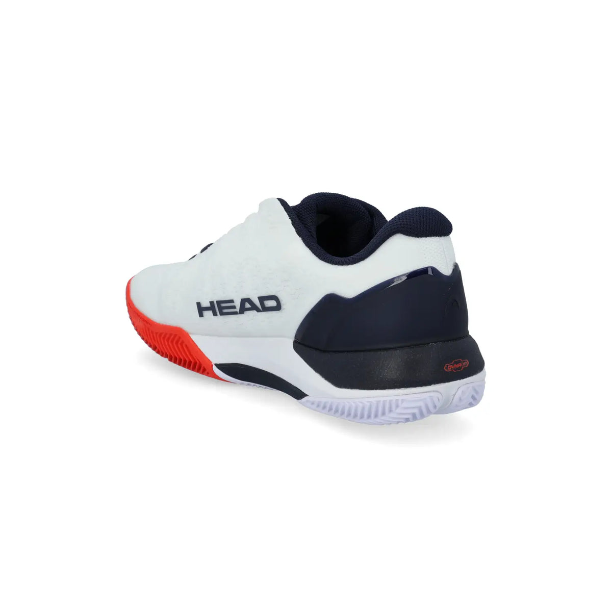 Head Revolt Pro 5.0 Clay court shoes in white and red, featuring a sleek design and athletic grip for tennis performance.