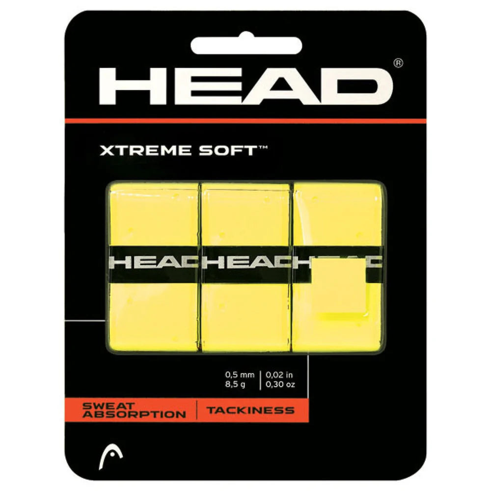 Yellow HEAD Xtreme Soft Padel overgrips in a 3-pack, showing close-up of textured grip material for tennis or padel rackets.
