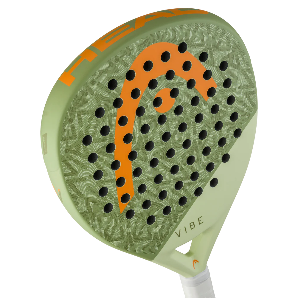 Head Vibe 2026 green and orange padel racket with a sleek design, lightweight frame, and comfortable grip for enhanced gameplay.