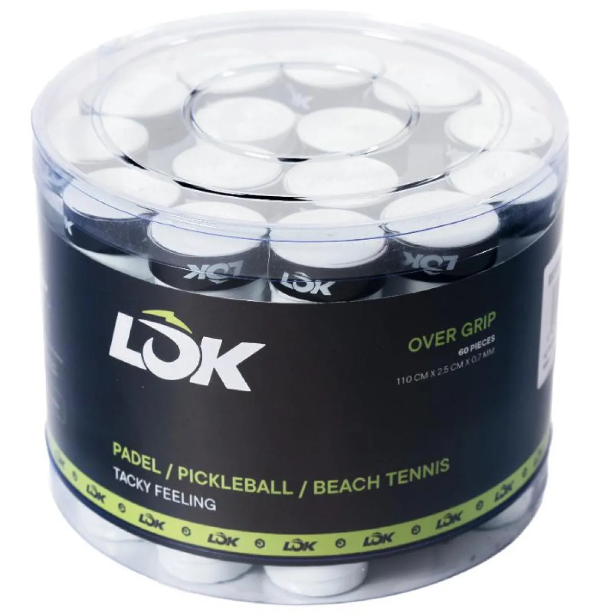 LOK Tacky Feeling White 60 Overgrips for tennis and sports, showing textured surface for secure grip and comfort.
