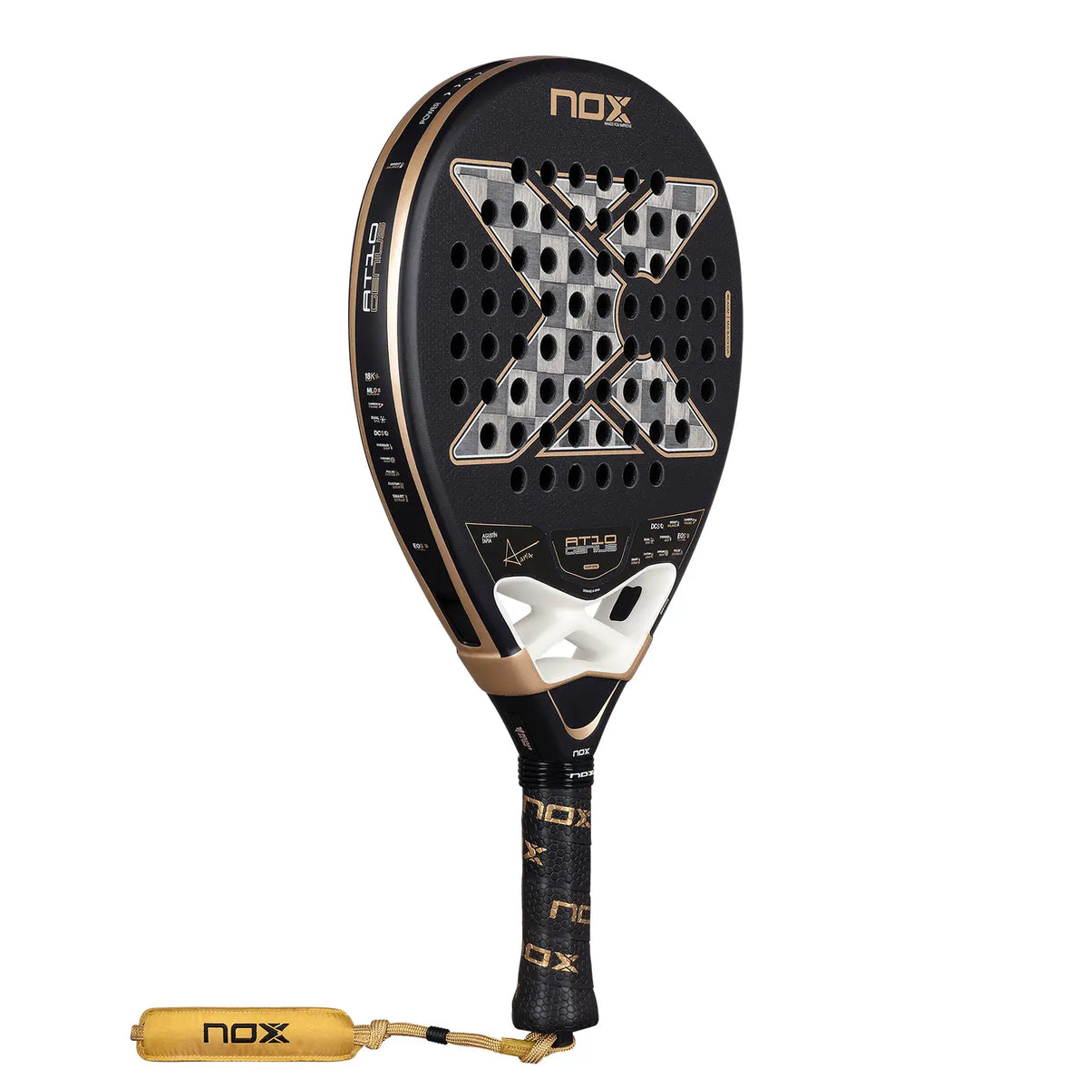 NOX AT10 Genius 18K aluminum foil by Agustin Tapia, modern design, featuring the racket's sleek frame and grip.