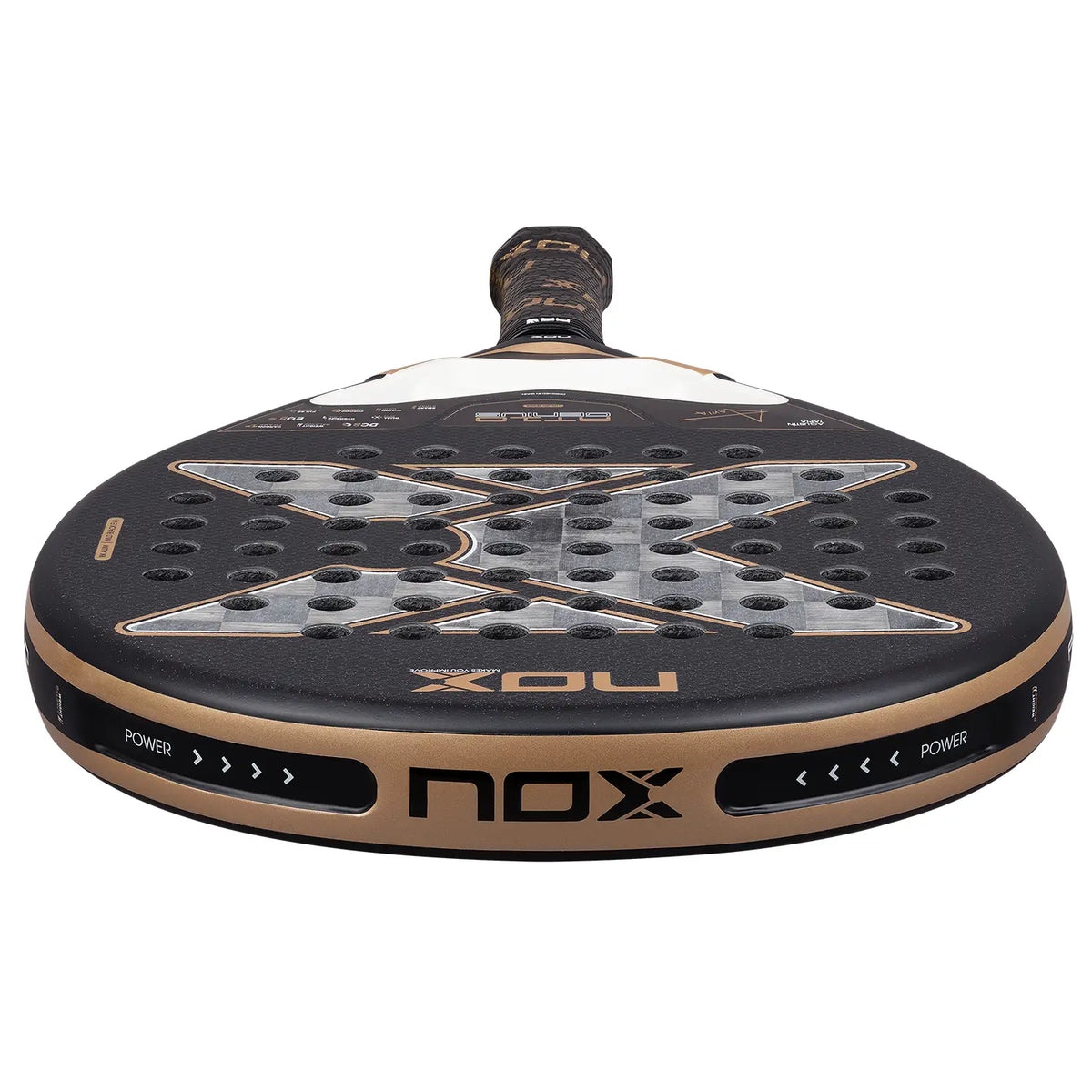NOX AT10 Genius 18K aluminum skateboard by Agustin Tapia displayed on a stand with a sleek black grip tape surface.