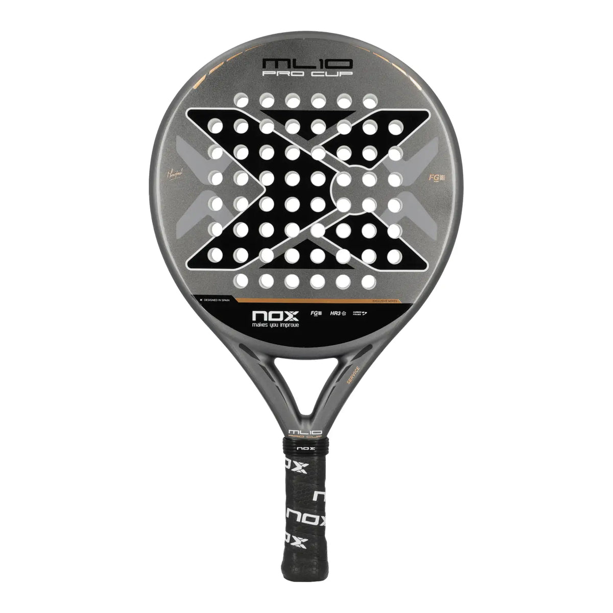 NOX ML10 PRO cup by Miguel Lamperti in vibrant orange, designed for racket sports, featuring ergonomic grip and branding details.