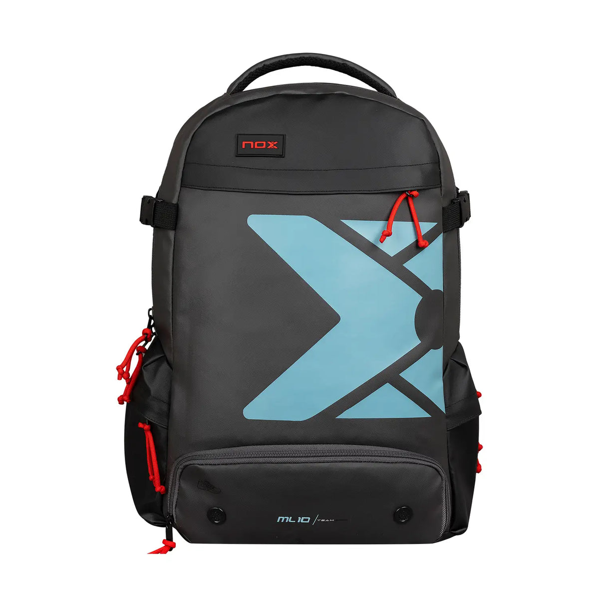 NOX ML10 Team Backpack in black, designed for padel players, featuring multiple compartments and padded straps for comfort.