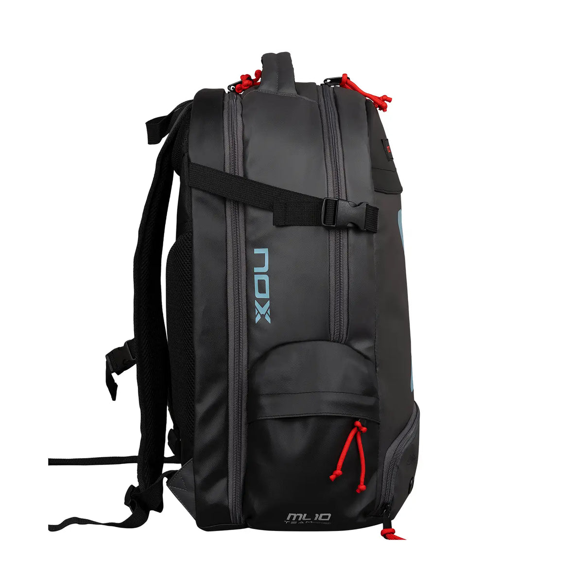 NOX ML10 Team Black Padel Backpack with multiple compartments and padded straps for comfortable carrying.